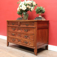 Load image into Gallery viewer, x SOLD Antique French Oak Art Nouveau Chest of Drawers with Brass Handles and Carved Door Detail. B12866
