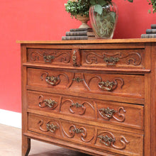 Load image into Gallery viewer, x SOLD Antique French Oak Art Nouveau Chest of Drawers with Brass Handles and Carved Door Detail. B12866