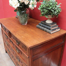 Load image into Gallery viewer, x SOLD Antique French Oak Art Nouveau Chest of Drawers with Brass Handles and Carved Door Detail. B12866