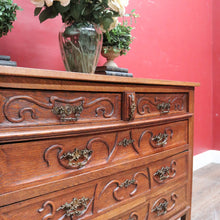 Load image into Gallery viewer, x SOLD Antique French Oak Art Nouveau Chest of Drawers with Brass Handles and Carved Door Detail. B12866