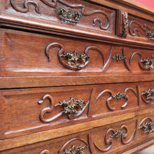 Load image into Gallery viewer, x SOLD Antique French Oak Art Nouveau Chest of Drawers with Brass Handles and Carved Door Detail. B12866