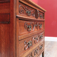 Load image into Gallery viewer, x SOLD Antique French Oak Art Nouveau Chest of Drawers with Brass Handles and Carved Door Detail. B12866