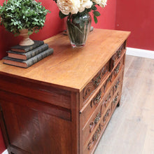 Load image into Gallery viewer, x SOLD Antique French Oak Art Nouveau Chest of Drawers with Brass Handles and Carved Door Detail. B12866