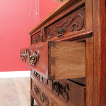 Load image into Gallery viewer, x SOLD Antique French Oak Art Nouveau Chest of Drawers with Brass Handles and Carved Door Detail. B12866
