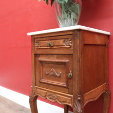 Load image into Gallery viewer, French Bedside Cabinet with Marble Top Drawer and Cupboard Storage Cabriole Legs and Carved Detail. B12741