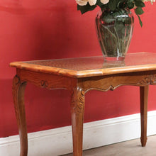 Load image into Gallery viewer, French Oak Coffee Table with Woven Cane Top Glass Cover and Carved Central Medallion. B12861