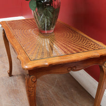 Load image into Gallery viewer, French Oak Coffee Table with Woven Cane Top Glass Cover and Carved Central Medallion. B12861