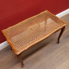 Load image into Gallery viewer, French Oak Coffee Table with Woven Cane Top Glass Cover and Carved Central Medallion. B12861