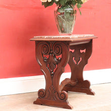 Load image into Gallery viewer, Antique French Trestle Style Side Table with Carved Pedestal Decorative Stretcher and Marble Insert Top. B12847