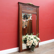 Load image into Gallery viewer, Large Antique French Oak and Gilt Brass Mantle Mirror with Bevelled Glass and Acanthus Leaf Crest. B12725