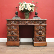 Load image into Gallery viewer, x SOLD Antique French Oak and Leather Twin Pedestal Office Desk. Carved Lion Face Handles. B12462