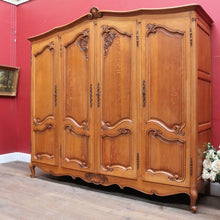 Load image into Gallery viewer, x SOLD Antique French Oak Wardrobe or Armoire with Four Doors Hanging Storage Shelves Carved Detail and Keys. B12804