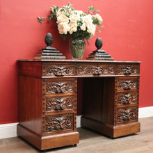 Load image into Gallery viewer, x SOLD Antique French Oak and Leather Twin Pedestal Office Desk. Carved Lion Face Handles. B12462