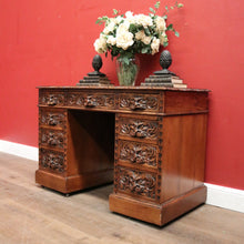 Load image into Gallery viewer, x SOLD Antique French Oak and Leather Twin Pedestal Office Desk. Carved Lion Face Handles. B12462