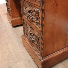 Load image into Gallery viewer, x SOLD Antique French Oak and Leather Twin Pedestal Office Desk. Carved Lion Face Handles. B12462