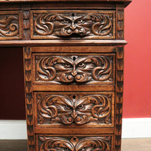 Load image into Gallery viewer, x SOLD Antique French Oak and Leather Twin Pedestal Office Desk. Carved Lion Face Handles. B12462