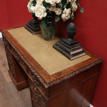 Load image into Gallery viewer, x SOLD Antique French Oak and Leather Twin Pedestal Office Desk. Carved Lion Face Handles. B12462