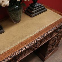 Load image into Gallery viewer, x SOLD Antique French Oak and Leather Twin Pedestal Office Desk. Carved Lion Face Handles. B12462