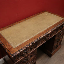 Load image into Gallery viewer, x SOLD Antique French Oak and Leather Twin Pedestal Office Desk. Carved Lion Face Handles. B12462