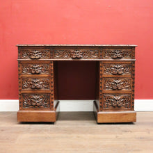 Load image into Gallery viewer, x SOLD Antique French Oak and Leather Twin Pedestal Office Desk. Carved Lion Face Handles. B12462