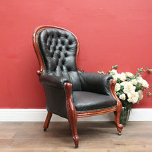 Load image into Gallery viewer, x SOLD Antique Australian Cedar Button Back Armchair in Black Leather B12468