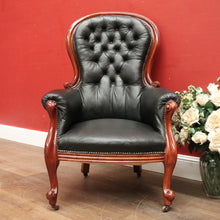 Load image into Gallery viewer, x SOLD Antique Australian Cedar Button Back Armchair in Black Leather B12468