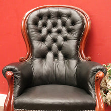 Load image into Gallery viewer, x SOLD Antique Australian Cedar Button Back Armchair in Black Leather B12468