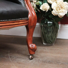 Load image into Gallery viewer, x SOLD Antique Australian Cedar Button Back Armchair in Black Leather B12468