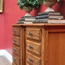 Load image into Gallery viewer, French Oak Vintage Five Drawer Lingerie Chest or Tallboy with Scroll Carving and Gilt Fretwork Handles. B12809