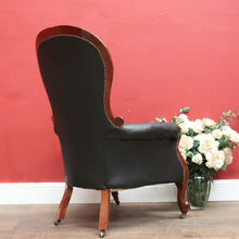 Load image into Gallery viewer, x SOLD Antique Australian Cedar Button Back Armchair in Black Leather B12468
