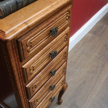 Load image into Gallery viewer, French Oak Vintage Five Drawer Lingerie Chest or Tallboy with Scroll Carving and Gilt Fretwork Handles. B12809