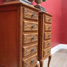 Load image into Gallery viewer, French Oak Vintage Five Drawer Lingerie Chest or Tallboy with Scroll Carving and Gilt Fretwork Handles. B12809