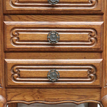 Load image into Gallery viewer, French Oak Vintage Five Drawer Lingerie Chest or Tallboy with Scroll Carving and Gilt Fretwork Handles. B12809