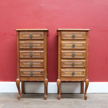 Load image into Gallery viewer, French Oak Vintage Five Drawer Lingerie Chest or Tallboy with Scroll Carving and Gilt Fretwork Handles. B12809