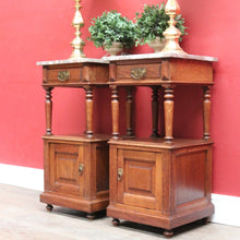 Load image into Gallery viewer, Pair of French Oak Bedside Cabinets with Marble Tops Turned Supports Brass Handles and Cupboard Storage. B12740