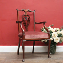 Load image into Gallery viewer, x SOLD Antique English Armchair, Hall or Bedroom Chair. Walnut, Inlay and Velvet fabric. B12452
