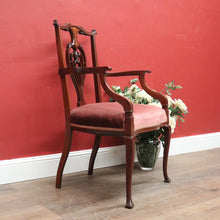 Load image into Gallery viewer, x SOLD Antique English Armchair, Hall or Bedroom Chair. Walnut, Inlay and Velvet fabric. B12452