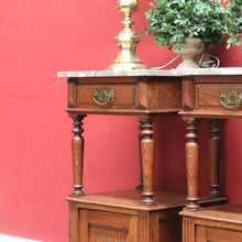 Load image into Gallery viewer, Pair of French Oak Bedside Cabinets with Marble Tops Turned Supports Brass Handles and Cupboard Storage. B12740