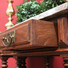 Load image into Gallery viewer, Pair of French Oak Bedside Cabinets with Marble Tops Turned Supports Brass Handles and Cupboard Storage. B12740