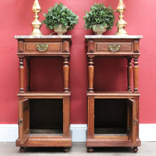 Load image into Gallery viewer, Pair of French Oak Bedside Cabinets with Marble Tops Turned Supports Brass Handles and Cupboard Storage. B12740