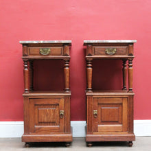 Load image into Gallery viewer, Pair of French Oak Bedside Cabinets with Marble Tops Turned Supports Brass Handles and Cupboard Storage. B12740