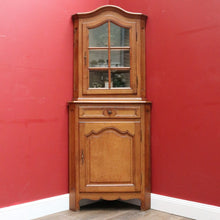 Load image into Gallery viewer, French Oak Corner Cabinet Encoignure with Bombe Cornice Glass Panel Doors Drawer and Lower Storage. B12734