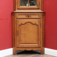 Load image into Gallery viewer, French Oak Corner Cabinet Encoignure with Bombe Cornice Glass Panel Doors Drawer and Lower Storage. B12734