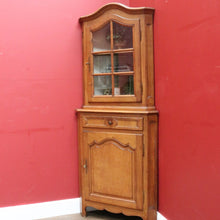 Load image into Gallery viewer, French Oak Corner Cabinet Encoignure with Bombe Cornice Glass Panel Doors Drawer and Lower Storage. B12734