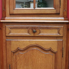 Load image into Gallery viewer, French Oak Corner Cabinet Encoignure with Bombe Cornice Glass Panel Doors Drawer and Lower Storage. B12734