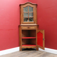 Load image into Gallery viewer, French Oak Corner Cabinet Encoignure with Bombe Cornice Glass Panel Doors Drawer and Lower Storage. B12734