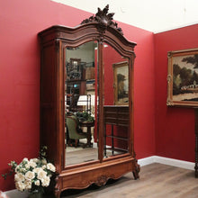 Load image into Gallery viewer, French Walnut Armoire Linen Press – Mirror Doors, Carved Detail, Storage Cupboard. B12473