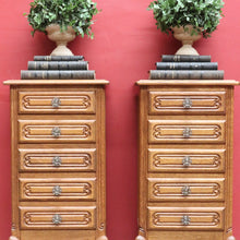 Load image into Gallery viewer, Pair of Vintage French Oak Five Drawer Chest or Lingerie Chest with Carved Detail Shaped Apron and Gilt Metal Handles. B12808