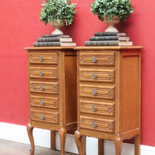 Load image into Gallery viewer, Pair of Vintage French Oak Five Drawer Chest or Lingerie Chest with Carved Detail Shaped Apron and Gilt Metal Handles. B12808