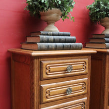 Load image into Gallery viewer, Pair of Vintage French Oak Five Drawer Chest or Lingerie Chest with Carved Detail Shaped Apron and Gilt Metal Handles. B12808